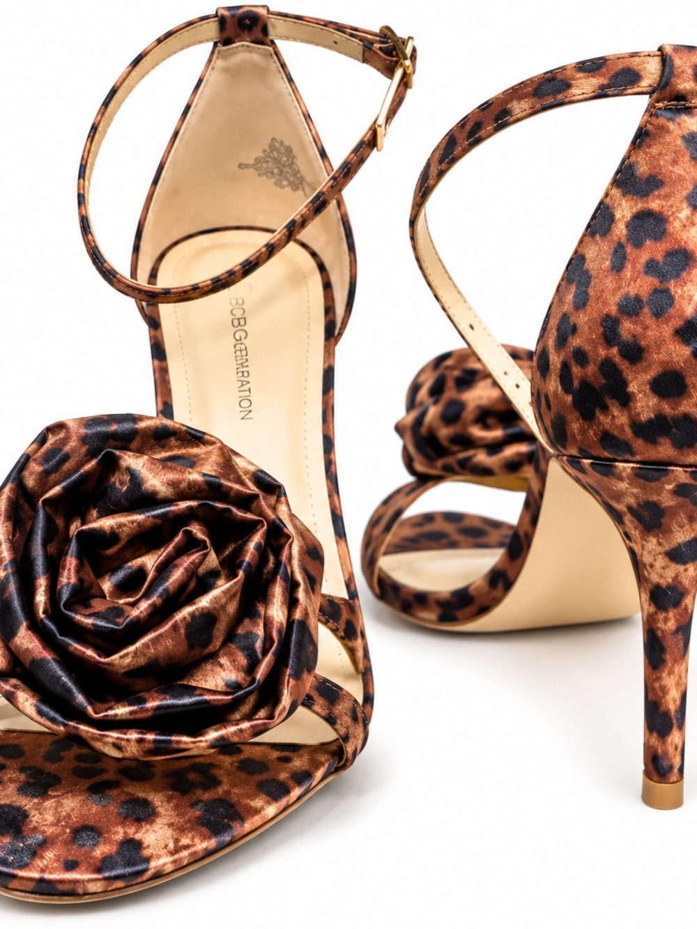 Jessica Simpson Leopard-Print Satin Rose Ankle-Strap Heels in Brown and Black
